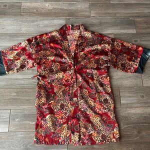 Vintage Satin Kimono Robe Burgundy Floral Leopard Print Kimono Robe